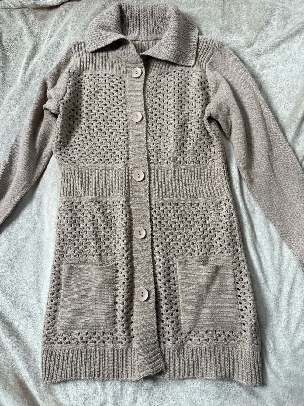Button-Front Long Knit Sweater Cardigan in Taupe